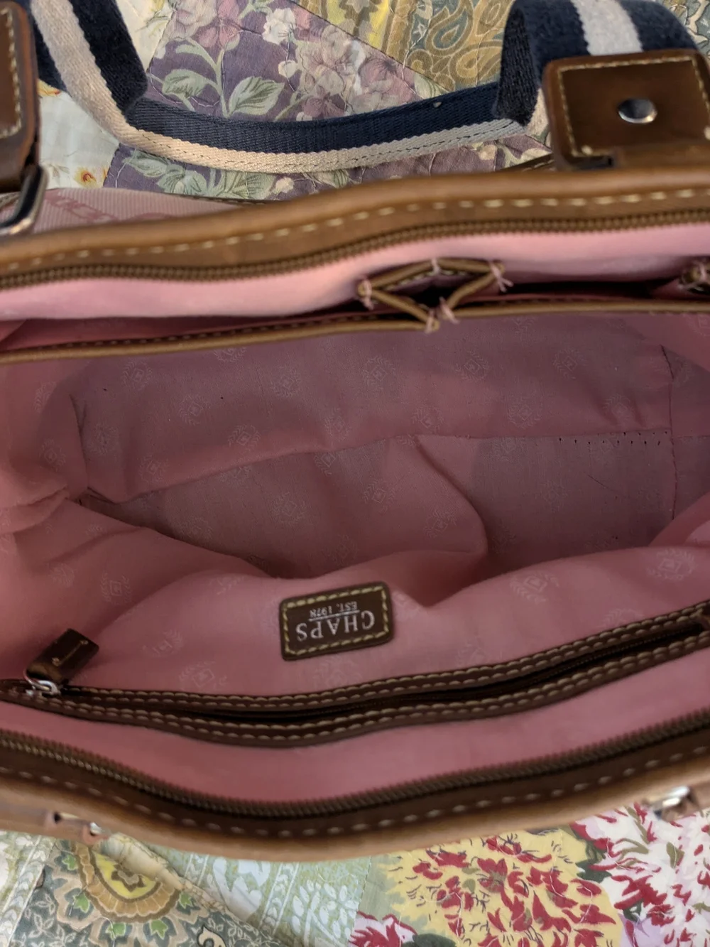 Chaps Pink Fabric Bag with Brown Trim and Charm